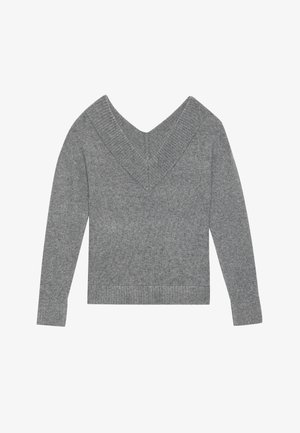 Sivý pletený sveter s výstrihom do V, rebrovaným golierom a manžetami. Mäkka textúra, dlhé rukávy a priliehavý lem s detailom na chrbte.
