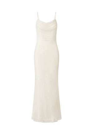 Cowl neck, sleeveless white dress with a fitted bodice and flared skirt, featuring a textured fabric that adds subtle shine.