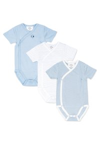 Drei kurzärmelige Bodysuits in verschiedenen Blau- und Weißtönen. Einer in einfarbig Blau, einer in Weiß mit horizontalen Streifen und einer mit blauen Streifen.