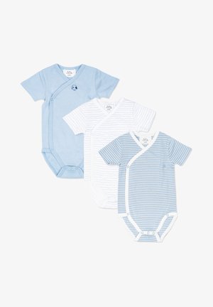 Tre body a manica corta in diverse tonalità di blu e bianco. Uno blu solido, uno bianco con righe orizzontali e uno a righe blu.