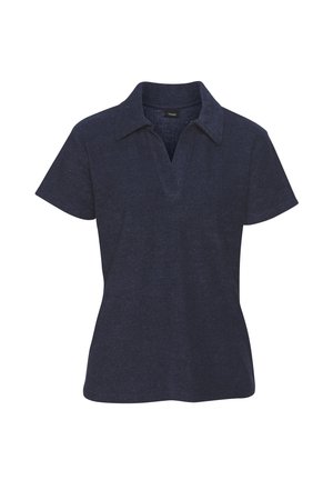 Marineblaues Poloshirt mit weicher Textur, kurzen Ärmeln, einem Kragen und einem V-Ausschnitt vorne.