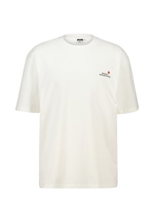 White cotton t-shirt featuring short sleeves, a round neck, and a black text logo with a red dot, reading "ROCKY MOUNTAINS."