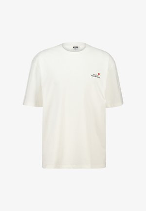 T-shirt en coton blanc avec des manches courtes, un col rond et un logo en texte noir avec un point rouge, portant l'inscription "ROCKY MOUNTAINS."