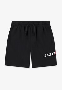 Schwarze Baumwollshorts mit elastischem Bund, verstellbarem Kordelzug und weißem Logo-Detail auf der linken Seite. Glatte Textur, lässige Passform.