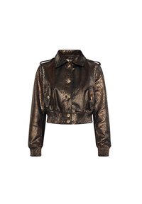 Cropped jack in metallic brons met een slangenprintstructuur. Voorzien van een kraag, knoopsluiting en geribbelde manchetten. Geaccentueerd met gouden knopen.