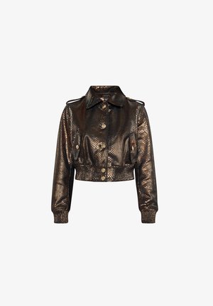 Gekürzter Jacket in metallic Bronze mit Schlangenprint-Textur. Verfügt über einen Kragen, eine Knopfleiste und gerippte Bündchen. Akzentuiert mit goldenen Knöpfen.
