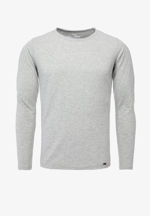 Jasnoszara, długosleeve t-shirt wykonany z miękkiej mieszanki bawełny, z okrągłym dekoltem i małą metką marki na dolnej stronie.