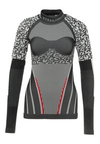 Mustavalkoinen pitkähihainen urheilu paita korkealla kauluksella, jossa on sekoitus verkkoa ja kuviollista kangasta, pystysuoria raitoja ja rohkeita yksityiskohtia.