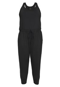 Salopette noire avec un design sans manches et dos nageur, taille élastique, cordon de serrage ajustable et jambes fuselées avec poignets. Tissu doux et respirant.