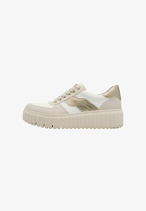 Niedriger Plattform-Sneaker in Off-White mit strukturierten beigen Schnürsenkeln und metallic-goldenen Wellenverzierungen an der Seite und der Ferse.