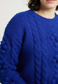 Pull en tricot bleu électrique avec des motifs en relief de câbles et de boules, doté d'un col rond et de manches longues, fabriqué à partir d'un matériau doux.