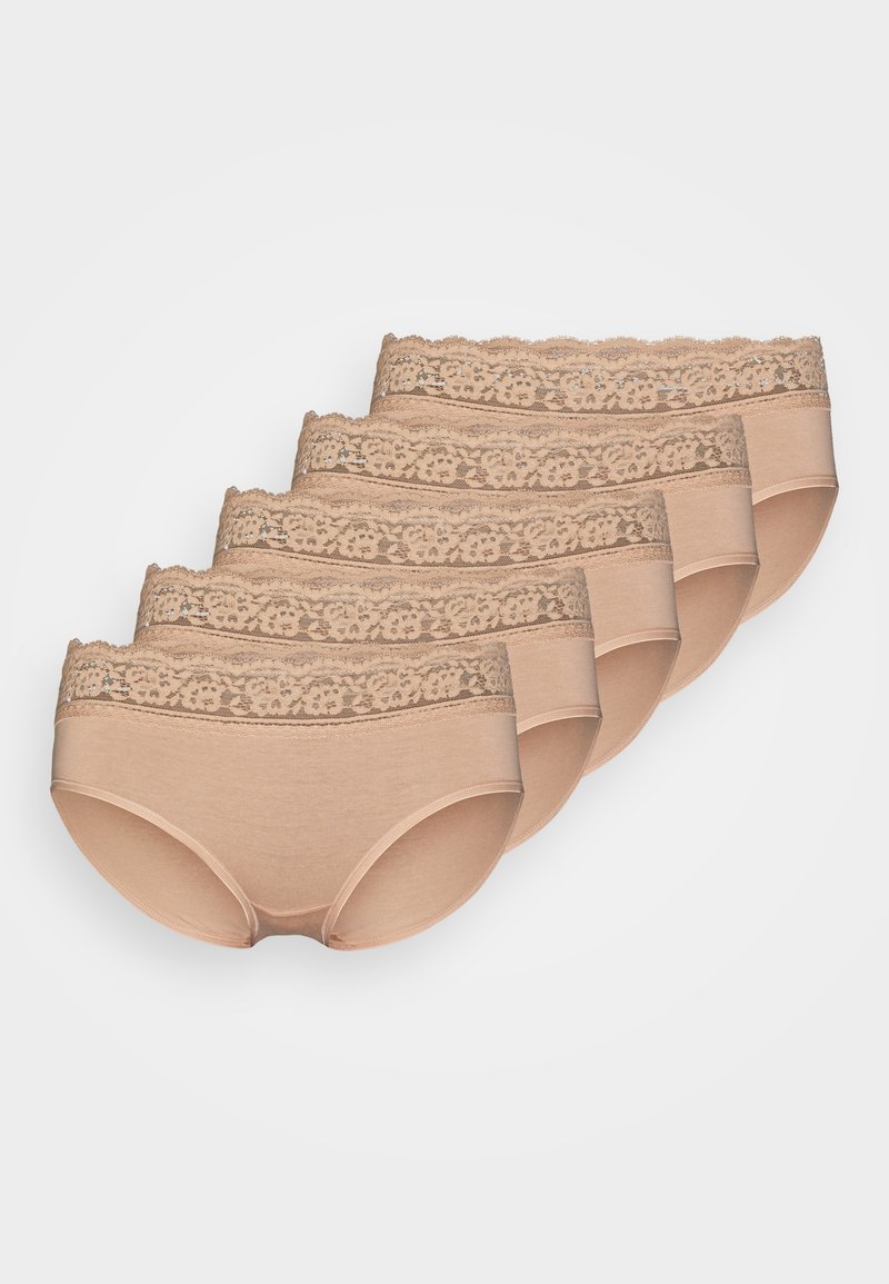 Five beige women's underwear with floral lace waistbands, arranged in a layered, overlapping row on a white background.
