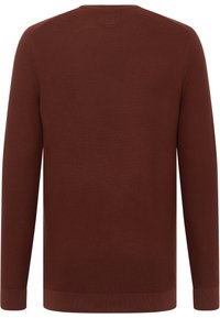 Brauner gestrickter Pullover mit langen Ärmeln, Rundhalsausschnitt, strukturiertem Muster sowie gerippten Bündchen und Saum. Die Rückansicht zeigt eine einheitliche Färbung.