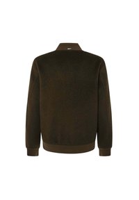 Dark green bomber jacket, wool-like texture, ribbed cuffs, and waistband, collarless design, smooth finish, no visible embellishments.