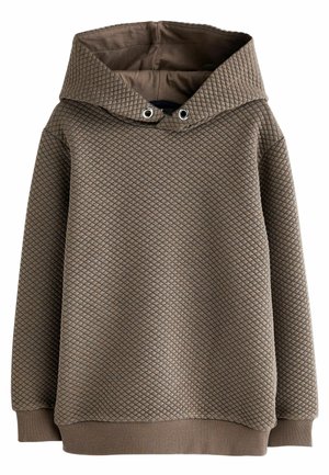 Sweat à capuche marron matelassé avec motif en losanges texturé, poignets et ourlet côtelés, et capuche avec œillets métalliques pour cordon de serrage.