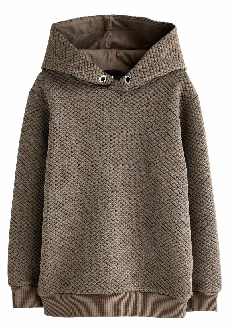 Sweat à capuche marron matelassé avec motif en losanges texturé, poignets et ourlet côtelés, et capuche avec œillets métalliques pour cordon de serrage.