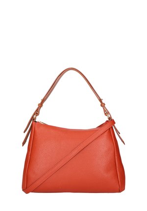 Borsa a mano in pelle arancione con finitura texture, manico superiore e tracolla regolabile. Caratterizzata da una chiusura con zip e accessori in oro.