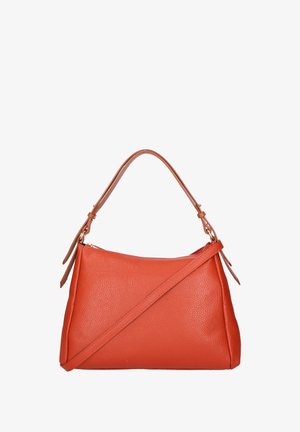 Borsa a mano in pelle arancione con finitura texture, manico superiore e tracolla regolabile. Caratterizzata da una chiusura con zip e accessori in oro.