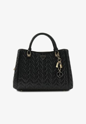 Sac à main Guess noir avec motif texturé, deux anses et breloques porte-clés dorées, dont un cadenas en forme de cœur.