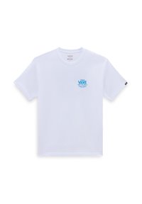 Vit bomull t-shirt med en blå grafisk logotyp på framsidan, korta ärmar och rund halsringning. Lappen synlig på kragen.