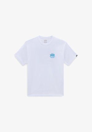White cotton t-shirt featuring a blue graphic logo on the front, short sleeves, and a round neckline. Tag visible on the collar.