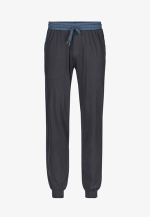 Donkergrijze joggingsbroeken met een elastische tailleband en een verstelbare trekkoord, voorzien van twee zijzakken en aansluitende boorden bij de enkels.