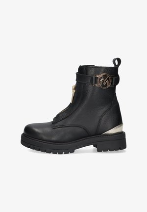 Black leather ankle boot with a side zipper, featuring a gold-tone logo accent, chunky sole, and metallic heel detail.
