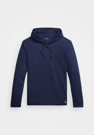 Navy long-sleeve hoodie made of smooth fabric with a drawstring hood. Features a small logo at the hem and a relaxed fit design.
