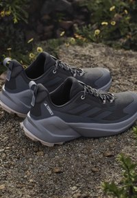 Paire de chaussures de randonnée Adidas Terrex grises et noires placées sur un sol rocheux avec de petites fleurs jaunes et des plantes vertes à proximité.