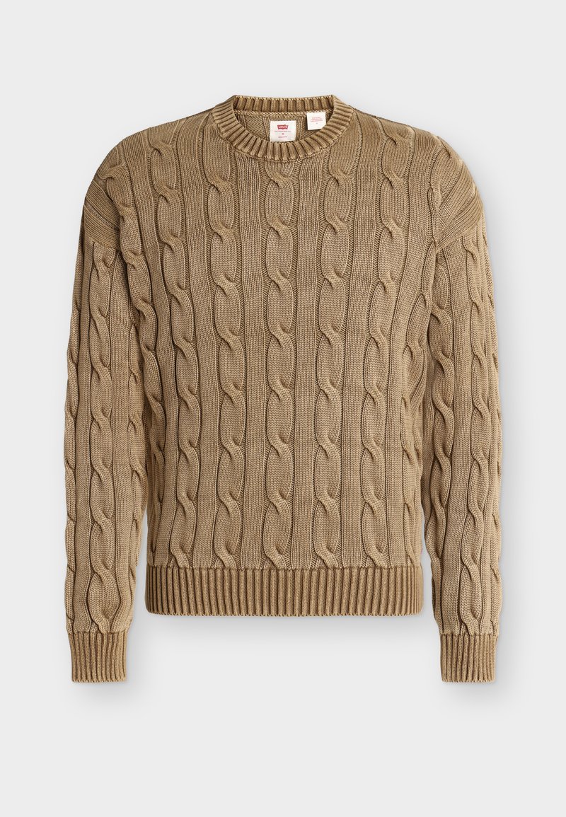 Beige cable-knit crewneck sweater with long sleeves and ribbed cuffs and hem, displayed flat on a light background.