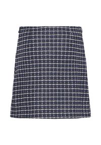 Fustă mini din tweed bleumarin cu model de grilă albă, croială dreaptă și fermoar vizibil pe lateral.