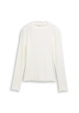 Witte top met lange mouwen van geribd stof, met een hoge, geplooide halslijn en een geschulpte zoom, met aansluitende mouwen en een eenvoudig ontwerp.