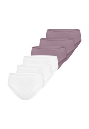 Set of seven women's underwear briefs, three mauve and four white, arranged in two overlapping rows on a white background.