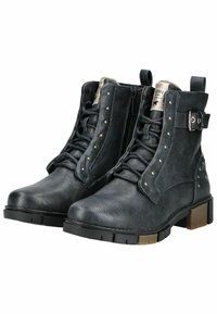 Bottines noires à talon épais en cuir texturé, à lacets à l'avant, fermeture éclair sur le côté, clous en métal et surpiqûres sur les orteils.