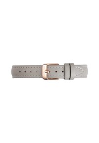 Bracelet de montre en cuir gris avec boucle en métal rose gold, doté de coutures et de plusieurs trous de réglage. Design simple et épuré.
