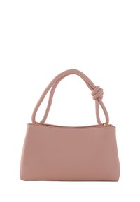 Borsa a tracolla rosa in pelle con una texture liscia, dotata di due manici annodati e chiusura con zip. Forma rettangolare, design minimalista.