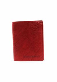 Red leather wallet with a textured surface, rectangular shape, and embossed logo on the front. Compact design with no visible hardware.