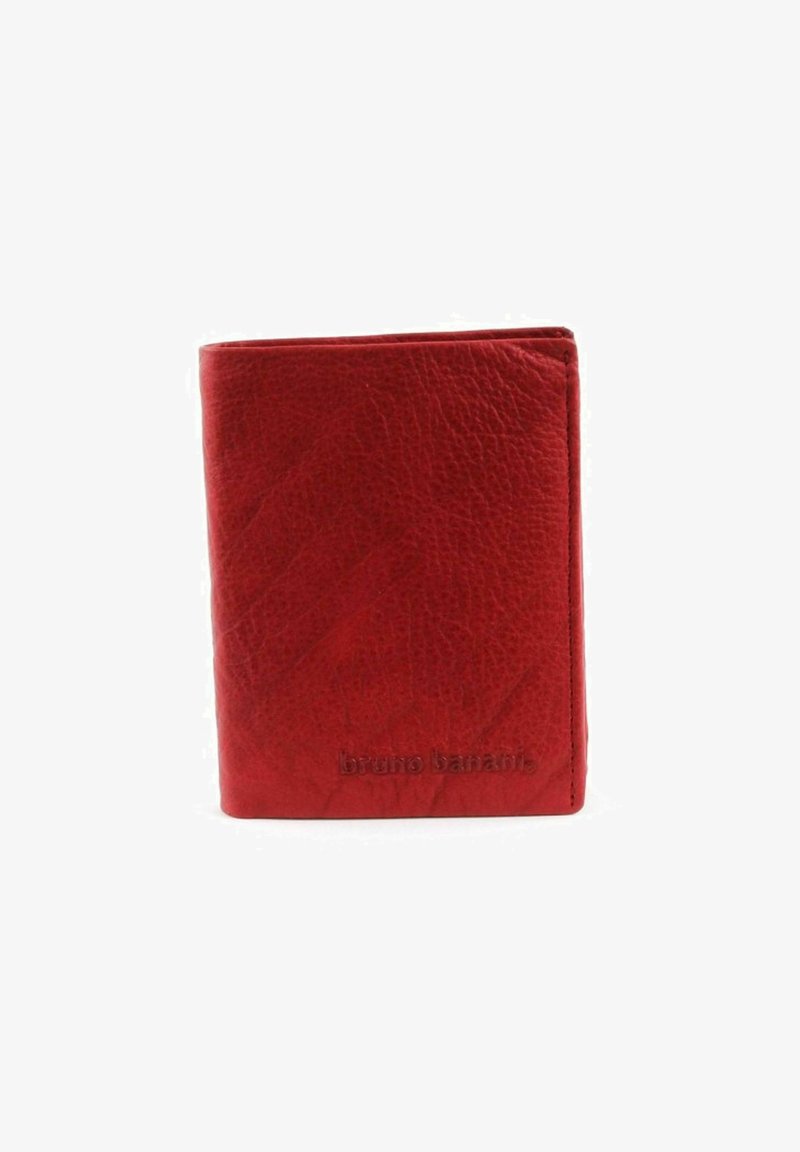 Red leather wallet with a textured surface, rectangular shape, and embossed logo on the front. Compact design with no visible hardware.