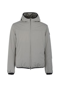 Giacca imbottita grigia chiara con cappuccio, chiusura frontale con zip, polsini ed orlo elasticizzati. Il materiale appare liscio, con dettagli minimi.
