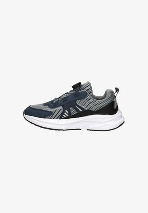 Athletic sneaker with a mesh upper in gray and navy, black accents, a white midsole, and a locking lace system. Textured outsole for grip.