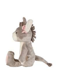 Gray plush donkey toy with a white belly, pink inner ears, and a pink bow; features textured fur and a distinct tail.
