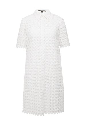 White shirt dress made of textured mesh fabric with diamond-patterned cutouts, short sleeves, and a button-down front design.