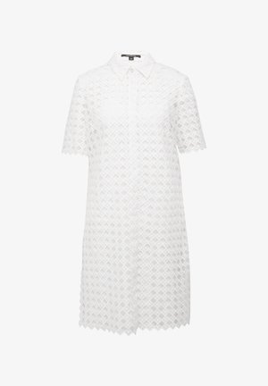 White shirt dress made of textured mesh fabric with diamond-patterned cutouts, short sleeves, and a button-down front design.