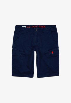 Granatowe cargo szorty z wieloma kieszeniami, wykonane z bawełny. Charakteryzują się czerwonym, haftowanym logo oraz solidnym pasem z napisem "U.S. POLO ASSN.".