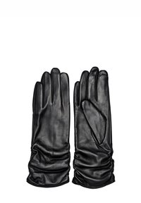 Musta nahkakinnas, jossa on sileä pinta, ja ranneosassa on poimutettu muotoilu sekä viisi erillistä sormitaskua.