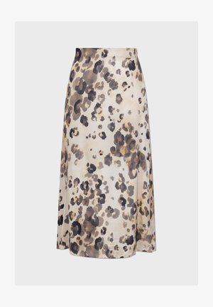 Gonna in stampa leopardata nei toni beige, marrone e nero; realizzata in tessuto morbido con un design dritto e fluido e una leggera lucentezza.