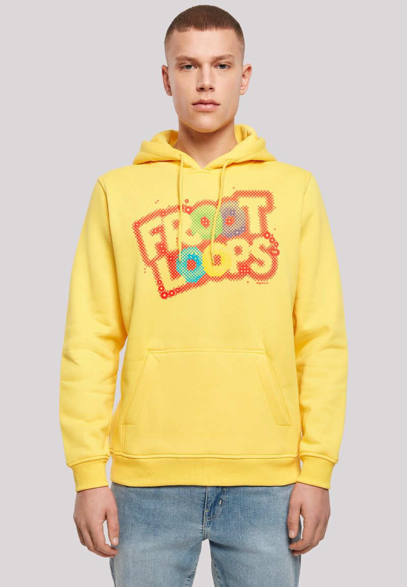 Yellow hoodie with a large, colorful "Froot Loops" graphic on the front. Features a kangaroo pocket and ribbed cuffs. Soft fabric texture.
