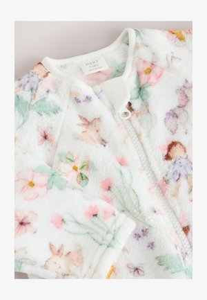 Body pour bébé en polaire blanche avec imprimés floraux et animaux pastel, doté d'une fermeture éclair intégrale et d'un col et de poignets bord-côte pour un confort optimal.
