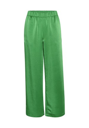 Pantaloni a gamba larga verde realizzati in un tessuto liscio e lucido. Presentano una cintura elastica e arrivano a metà polpaccio. Design minimalista.