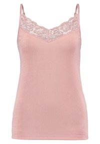 Camisole rose clair avec des bretelles fines ajustables et un décolleté en V bordé de dentelle. Texture lisse sur l'ensemble avec une forme près du corps.